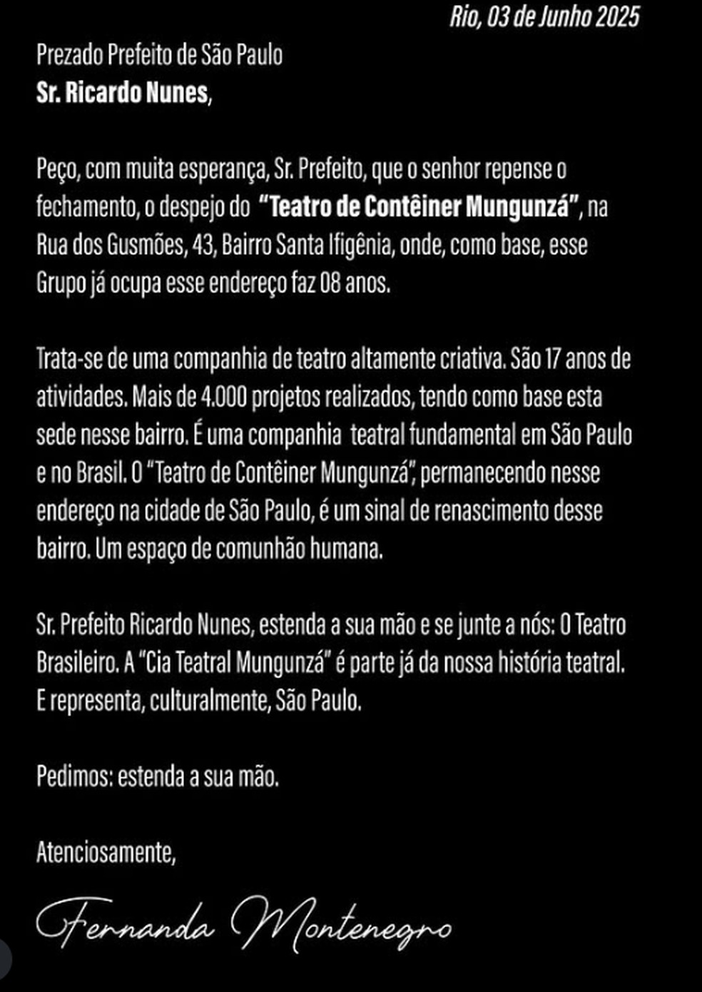 Carta de Fernanda Montenegro para Ricardo Nunes. — Foto: Reprodução/ Instagram