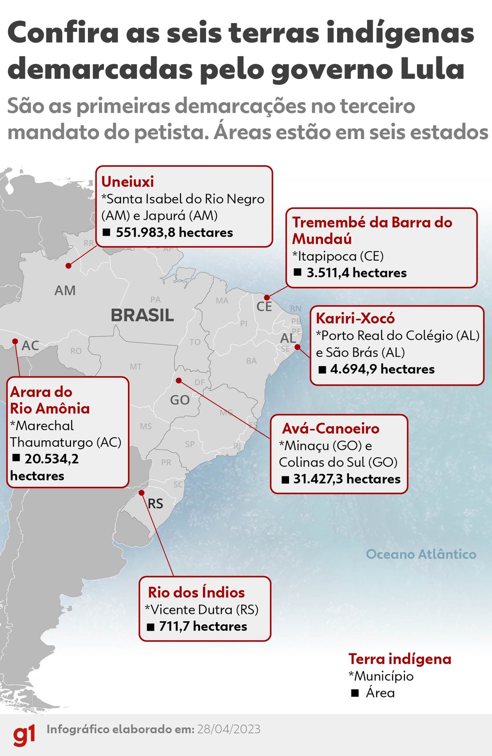 Terras indígenas demarcadas nesta sexta pelo governo Lula — Foto: Arte/g1