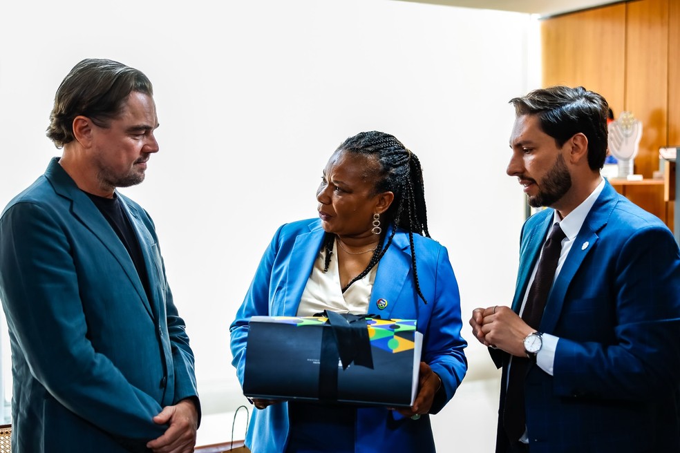 Margareth Menezes entrega obra de artista paraibano como presente a Leonardo DiCaprio — Foto: Reprodução/Instagram