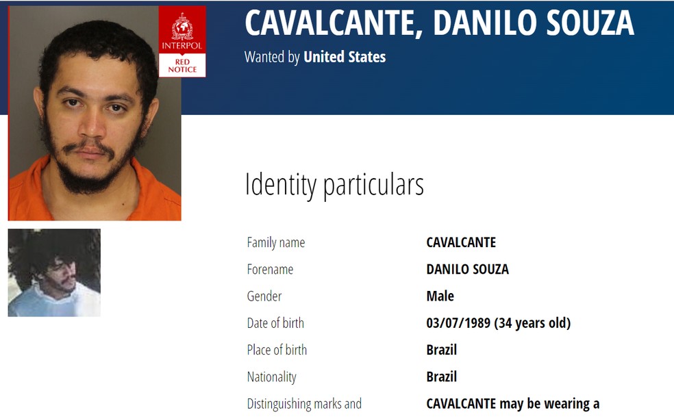Reprodução da tela da Interpol de Danilo Cavalntante — Foto: Reprodução