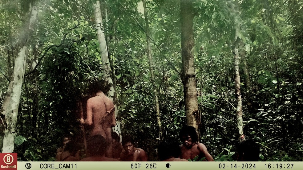 TI Massaco em fevereiro de 2024 no momento em que os isolados retiravam machados e facões deixados pela equipe da Funai — Foto: Reprodução CGIIRC/Funai