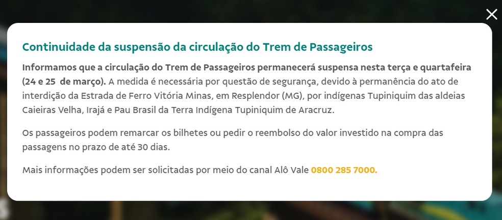 Publicação no site da Vale informando sobre a suspensão das viagens de trem. — Foto: VALE