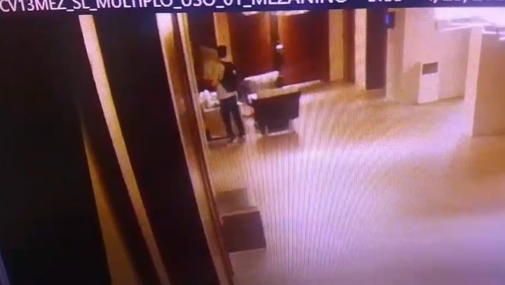 Câmeras de segurança do shopping flagraram o momento em que João Ricardo retira um dos quadros do local — Foto: Reprodução