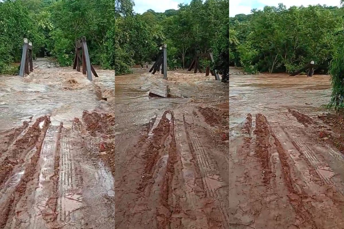 VÍDEO: ponte é levada por enxurrada após rio transbordar durante chuva em Corguinho