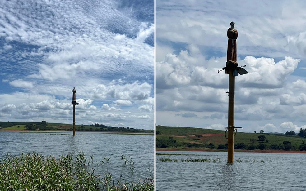 Imagem de São Francisco de Assis no meio do Lago de Furnas, em Guapé, MG — Foto: Lorena Lemos/g1