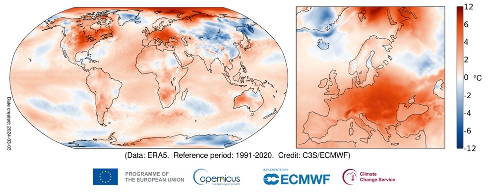 Anomalia na temperatura do ar à superfície em fevereiro de 2024. — Foto: Copernicus Climate Change Service/ECMWF