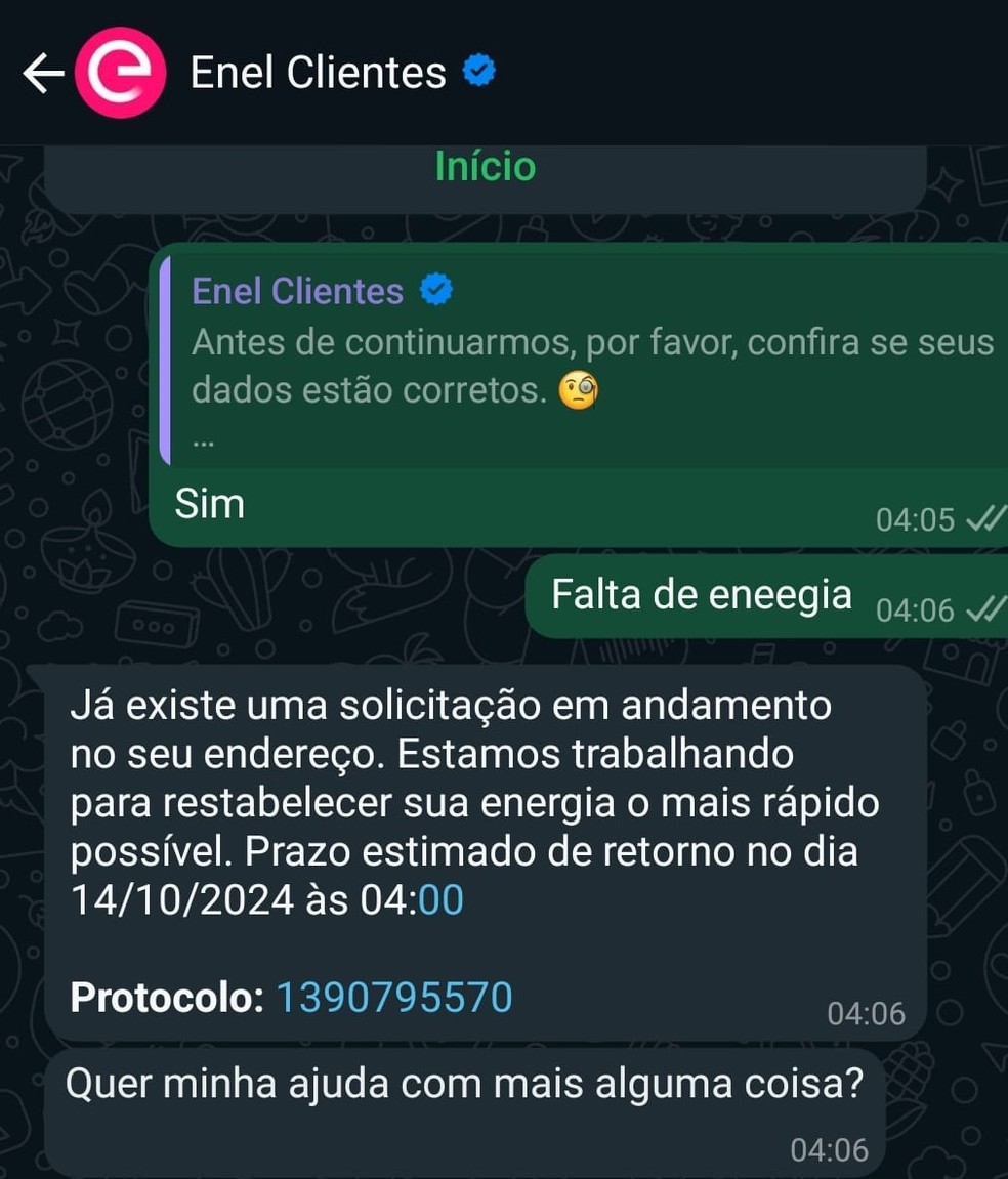 Comunicado da Enel enviado a clientes neste sábado — Foto: Arquivo pessoal