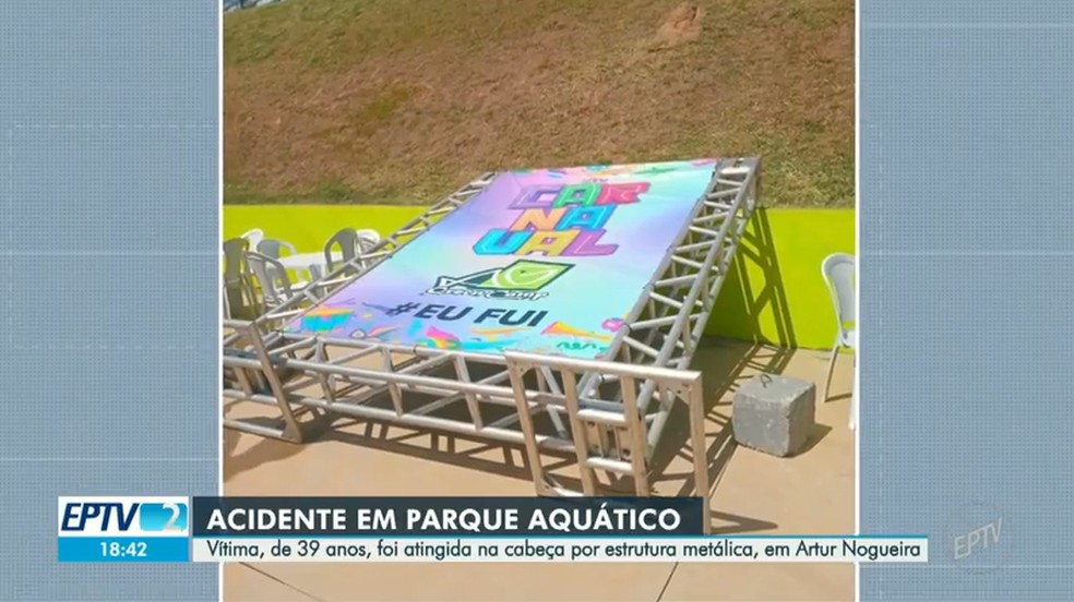 Mulher perde movimento de braços e pernas após ser atingida na cabeça por estrutura metálica de parque aquático — Foto: Reprodução EPTV