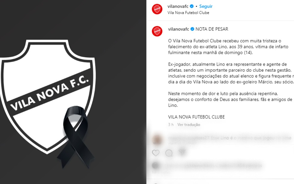 Nota de luto postada pelo Vila Nova Futebol Clube — Foto: Reprodução/Instagram