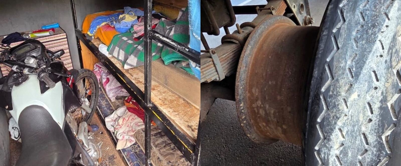 Beliche improvisada e veículo sem pneu: grupo é flagrado viajando de forma irregular em baú de caminhão na BR‑282
