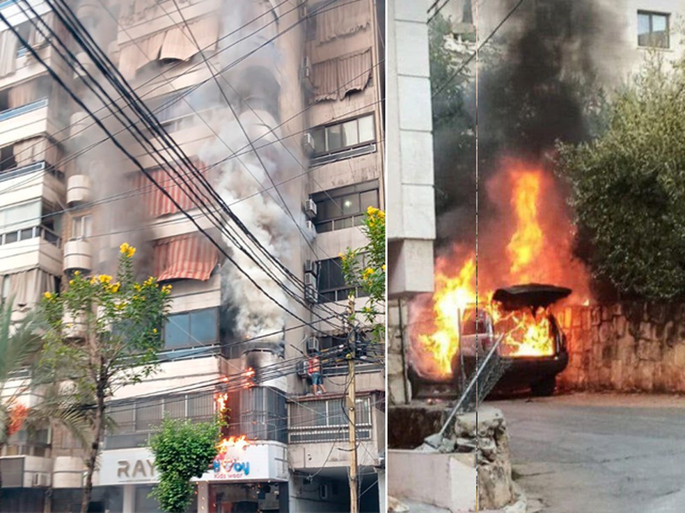 Facha de prédio em Beirute pega fogo após explosões de walkie-talkies, em 18 de setembro de 2024. — Foto: Telegram/Reprodução