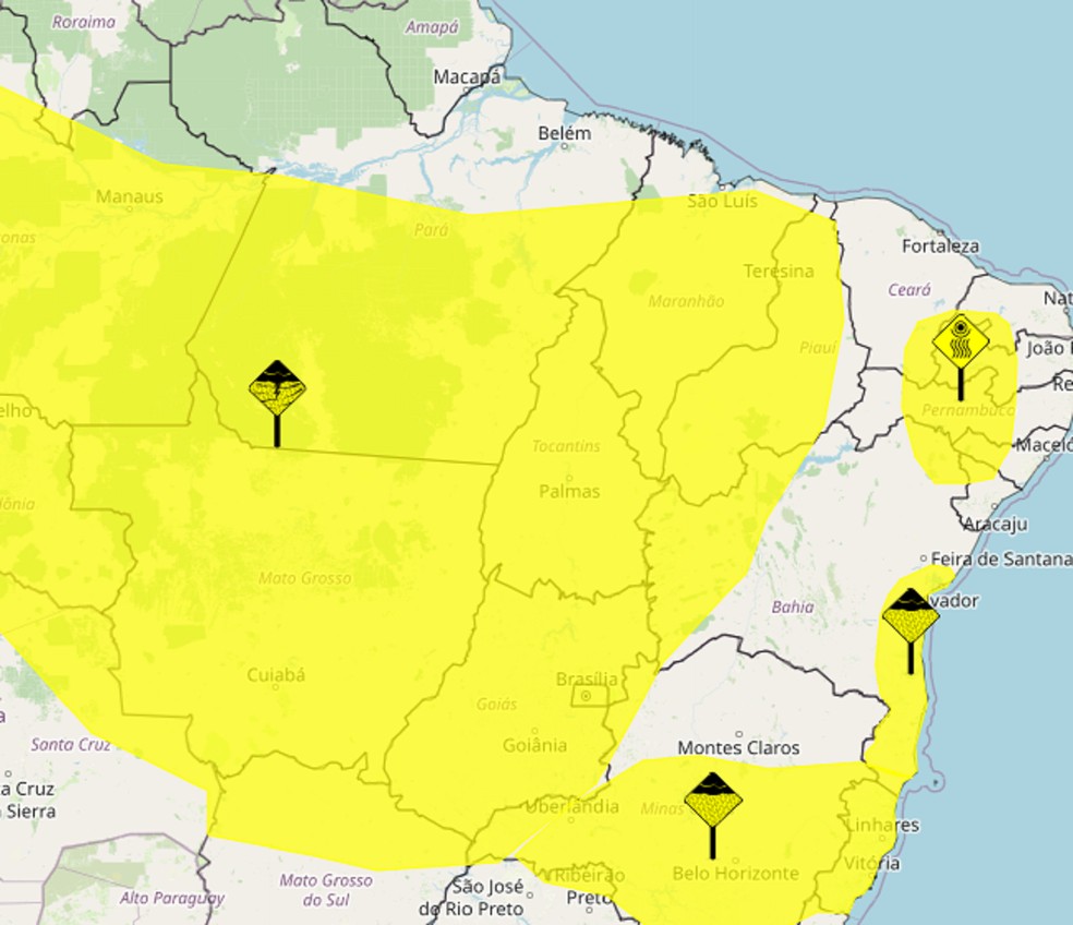 Tocantins tem alerta amarelo para chuvas intensas — Foto: Inmet/Divulgação