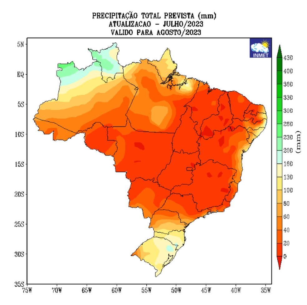 Previsão de chuvas para agosto de 2023 em todo o Brasil — Foto: Inmet/Divulgação