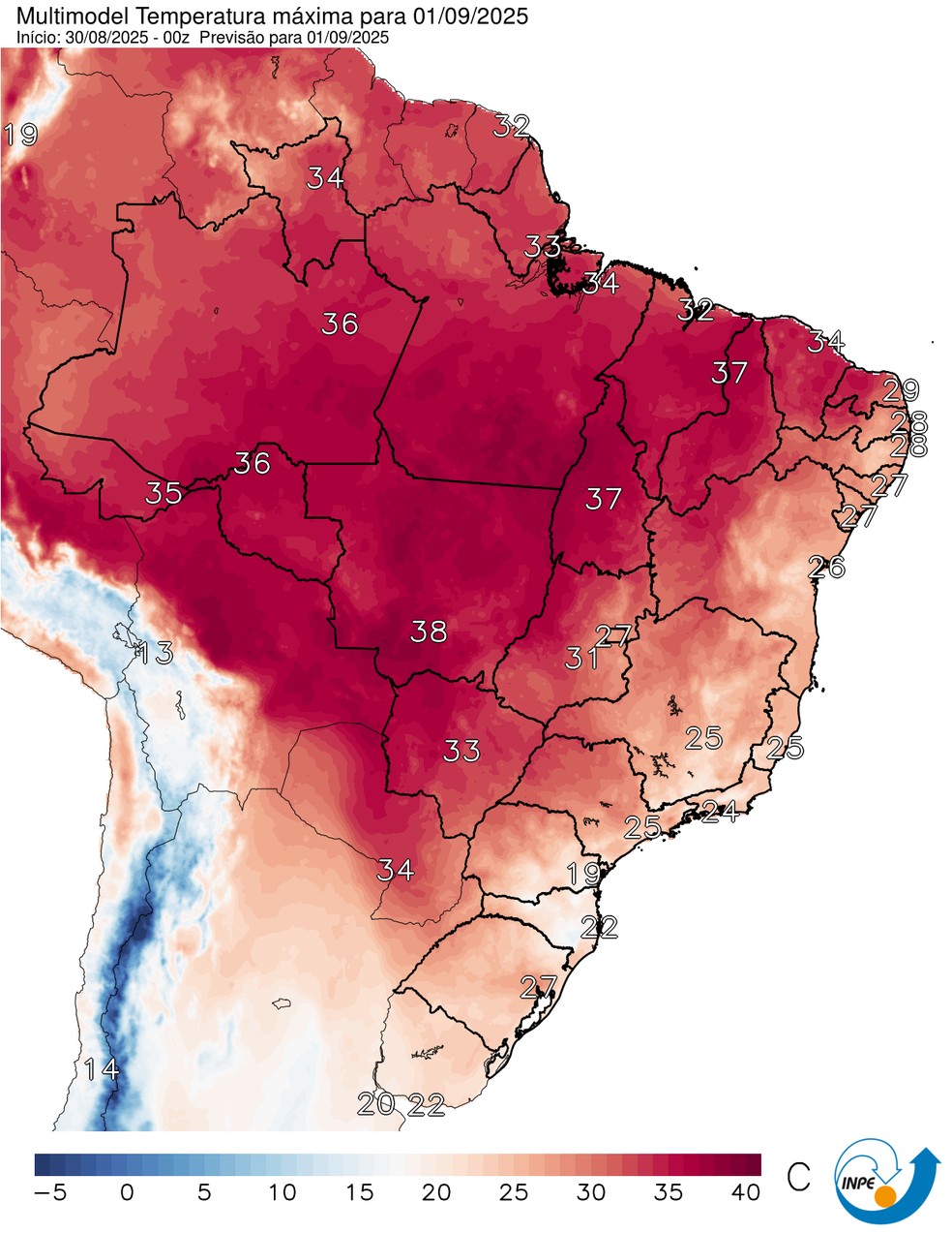 Mapa mostra previsão de temperatura máxima para esta segunda (01). — Foto: CPTEC/Inpe