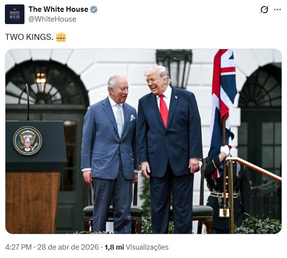 Casa Branca posta foto de Trump com Charles III e escreve: 'Dois reis'