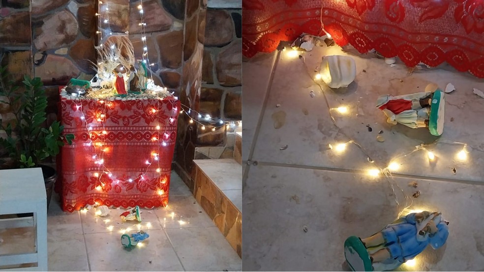 Presépio é vandalizado na Igreja de Nossa Senhora de Fátima, conhecida como "Igreja de Pedra". — Foto: Reprodução