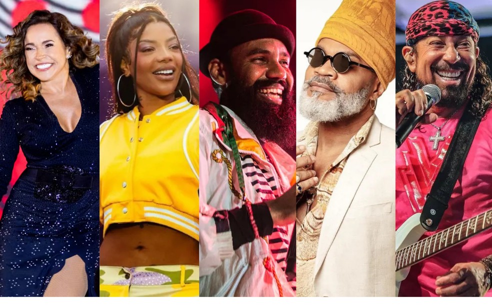 Daniela Mercury, Ludmilla, BaianaSystem, Carlinhos Brown e Bell Marques são atrações 1º dia de carnaval em Salvador — Foto: Celia Santos/Divulgação/Reprodução/Instagram/Luiz Franco/Touchê/Quero Abadá/Divulgação