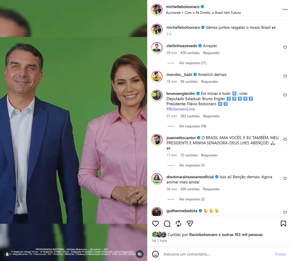 Publicação feita por Michelle Bolsonaro em suas redes sociais — Foto: Reprodução