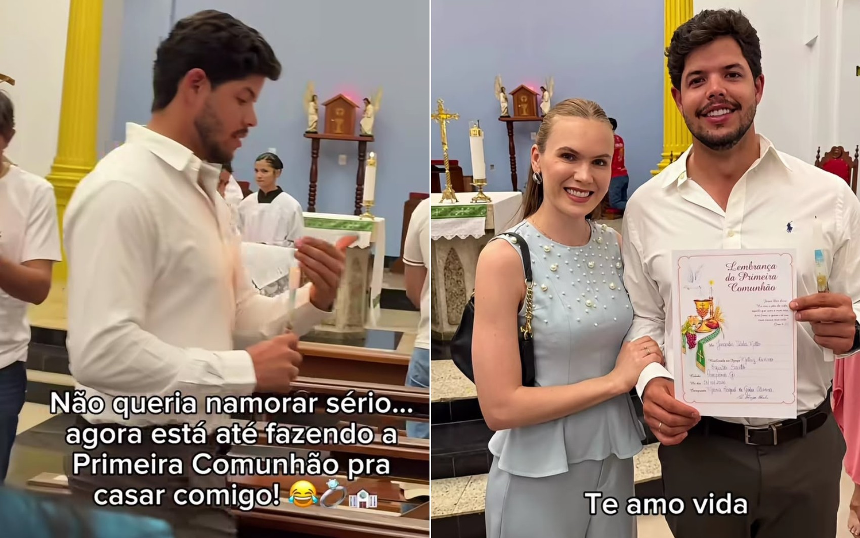 Médica diverte com vídeo de noivo na igreja: 'Não queria namorar sério... agora está fazendo primeira comunhão para casar'