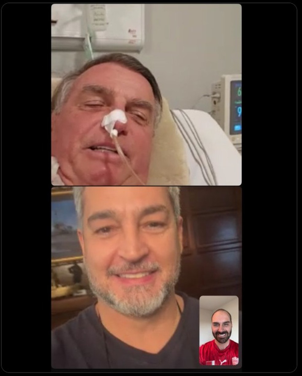 Os ex-presidentes do Brasil Jair Bolsonaro e do Paraguai Mario Abdo Benítez durante chamada de vídeo — Foto: Reprodução/X