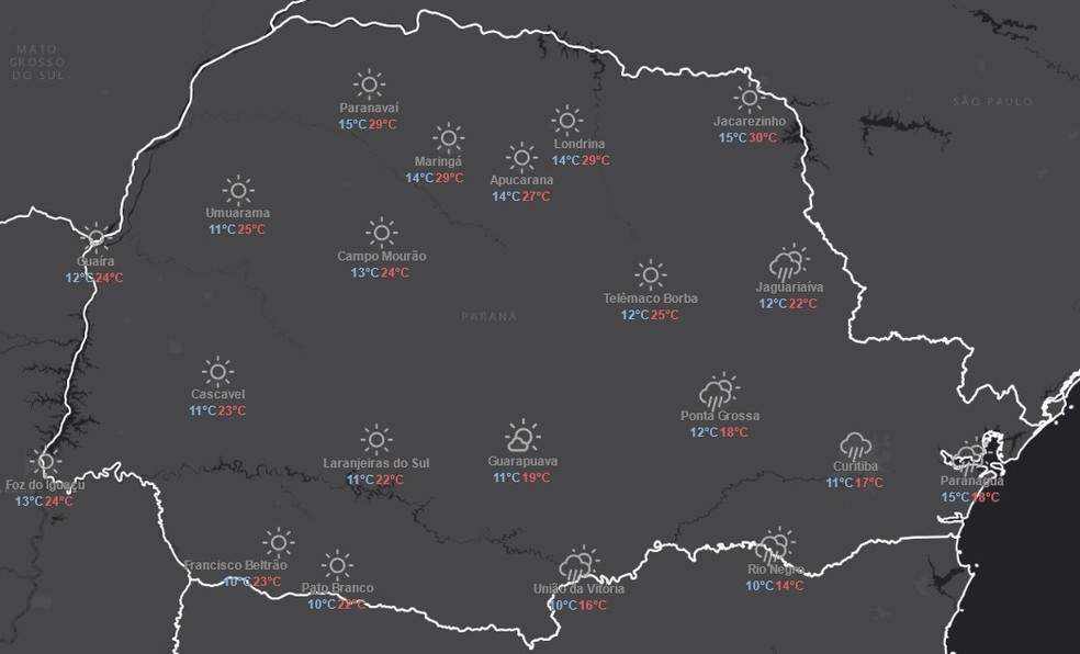 Previsão do tempo do Simepar para quarta-feira, 27 de agosto — Foto: Reprodução/Simepar