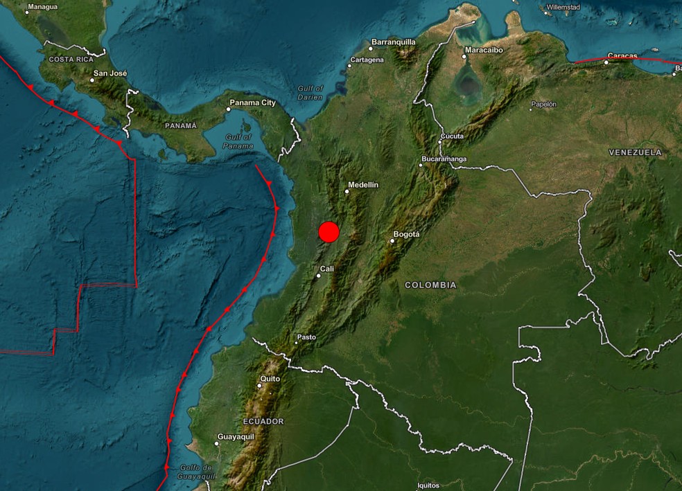 Mapa mostra terremoto de magnitude 7,4 que atingiu o oeste da Col&ocirc;mbia em 10 de agosto de 2026. &mdash; Foto: Reprodu&ccedil;&atilde;o/USGS