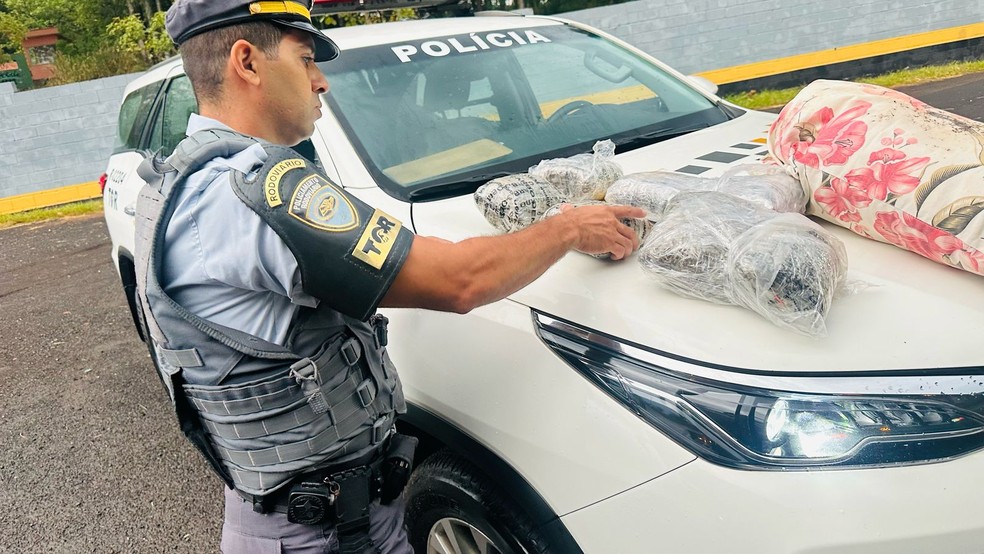 Mulher foi presa por transportar skank dentro de travesseiro — Foto: Polícia Militar Rodoviária