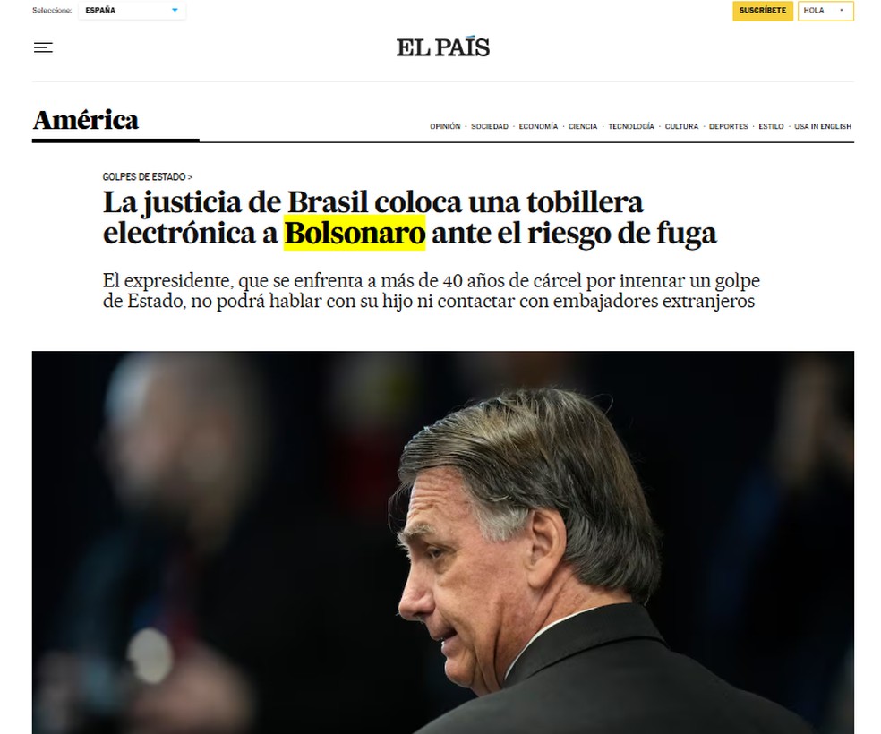 Jornal espanhol "El País" noticia operação de busca e apreensão na casa de Jair Bolsonaro, em 18 de julho de 2025. — Foto: Reprodução/ El País