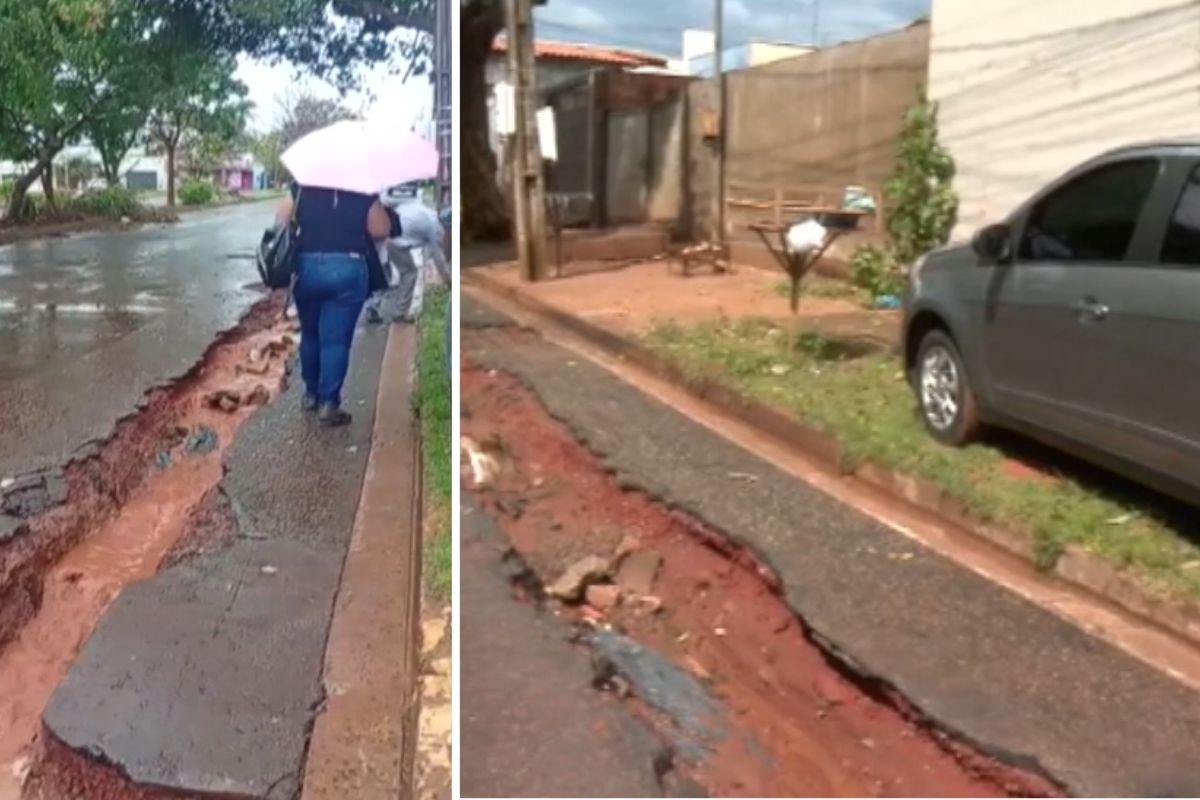 Obra de esgoto vira cratera após temporal e deixa moradores presos em garagens em Campo Grande
