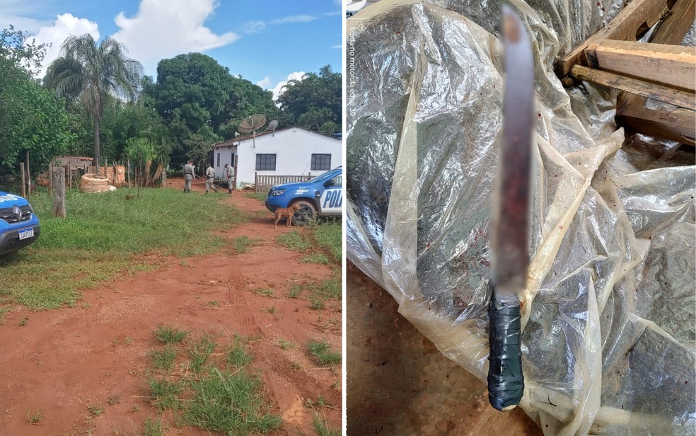Local e arma utilizada no crime, em Cristalina — Foto: Divulgação/Polícia Militar