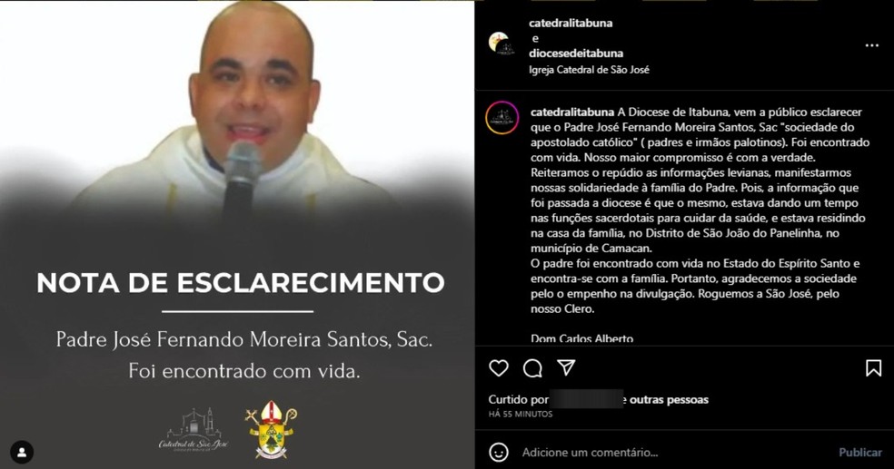 Padre que estava desaparecido na Bahia é encontrado no Espírito Santo, diz Diocese — Foto: Reprodução/Redes Sociais
