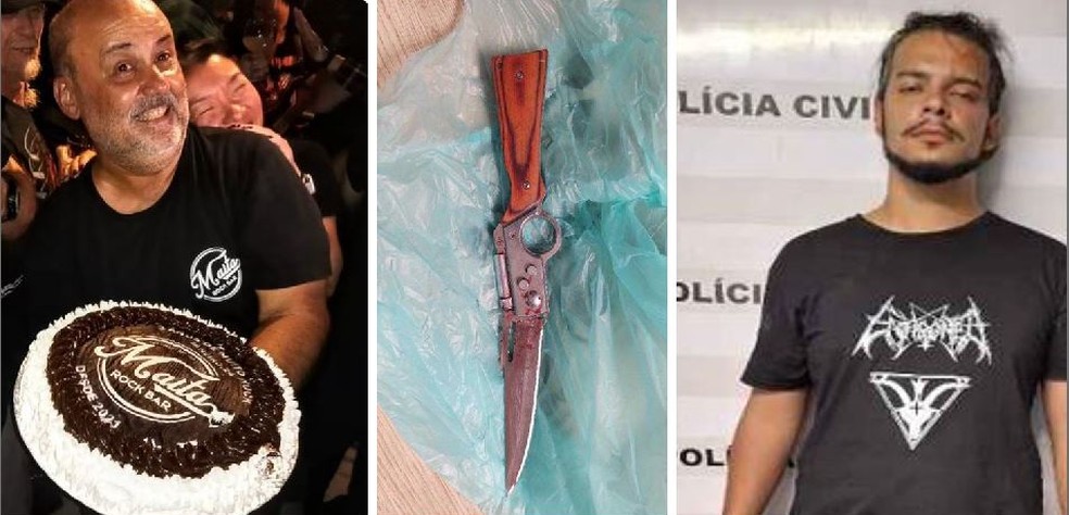 Carlos Monteiro, dono de bar de rock, foi morto pelo cliente Diego Pereira, que usou um canivete (foto acima) para cometer o crime — Foto: Reprodução/Redes sociais e Polícia Civil