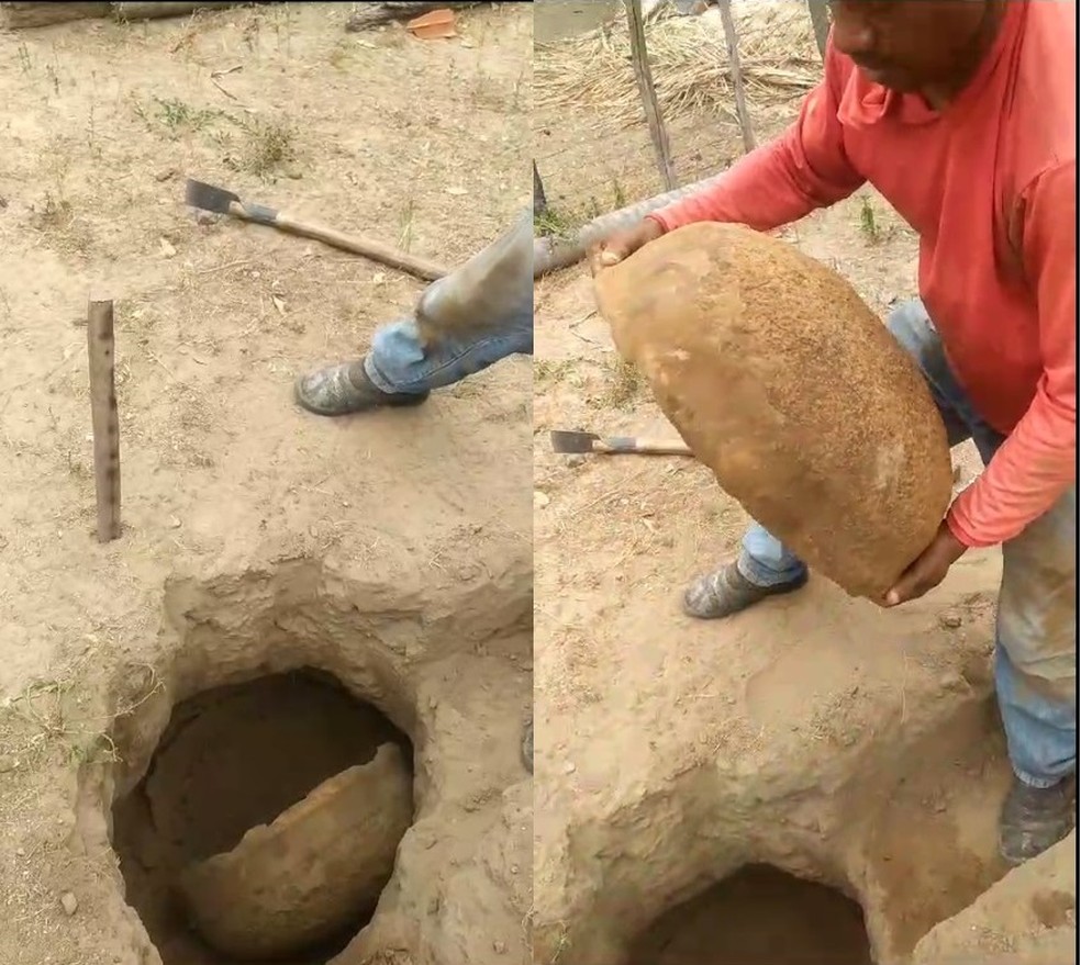 Pedreiros encontram urna funerária indígena de origem Tupi durante obra na zona rural de Miguel Alves, no Piauí — Foto: Reprodução