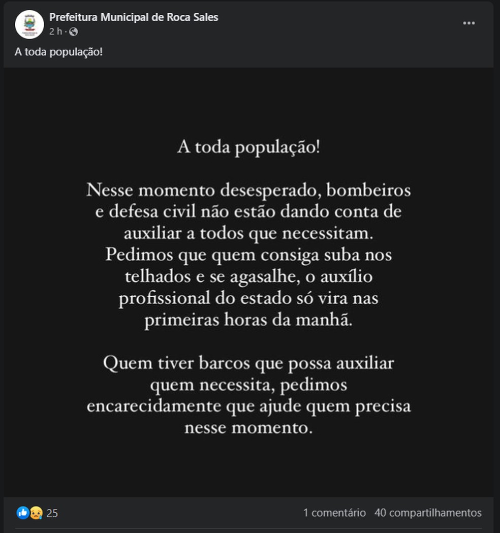 Prefeitura de Roca Sales pediu ajuda de moradores em rede social — Foto: Reprodução/Facebook