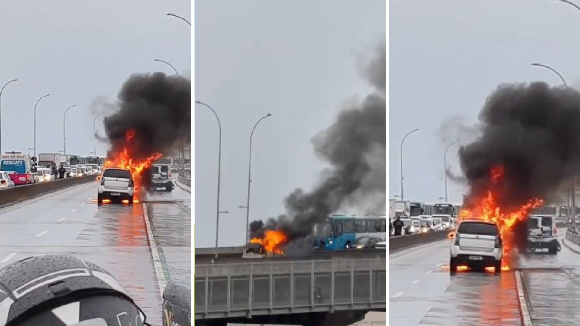 Carro pega fogo e interdita Terceira Ponte no sentido Vila Velha