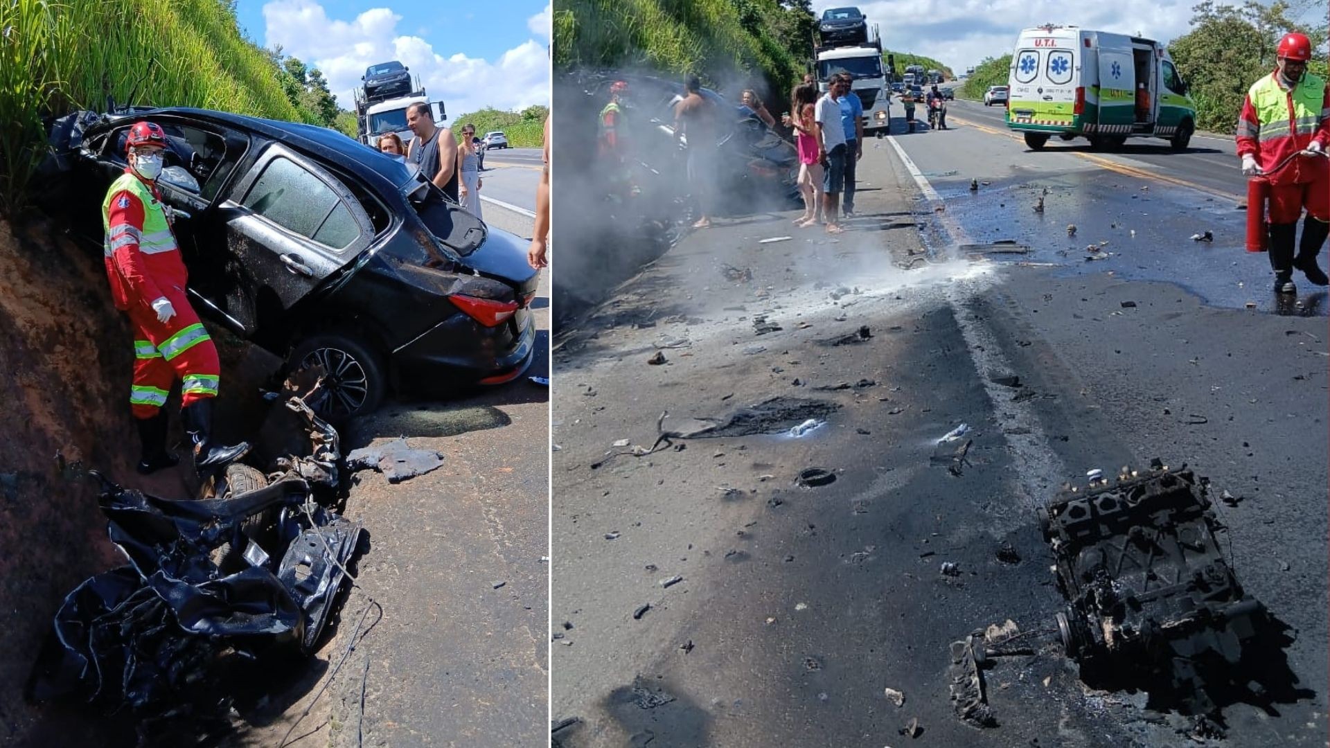 Carro e carreta batem de frente e pegam fogo na BR-101, em Aracruz; veja VÍDEO