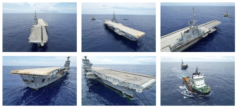 Fotos da primeira vistoria do antigo porta-aviões São Paulo, enquanto ele navegava próximo ao litoral de Pernambuco. — Foto: Reprodução