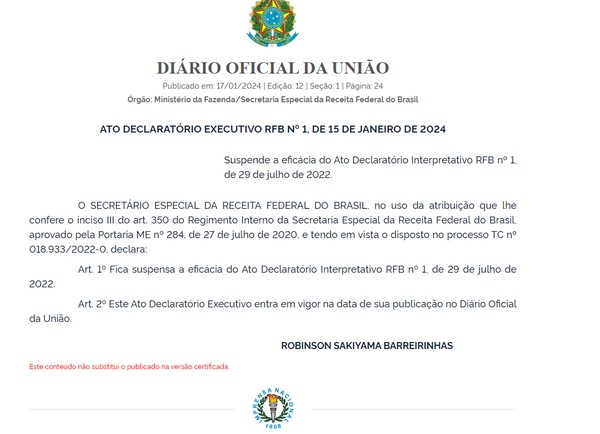 Decisaão publicada no Diário Oficial suspente decisão do governo Bolsonaro sobre isenção tributária de líderes religiosos. — Foto: Reprodução