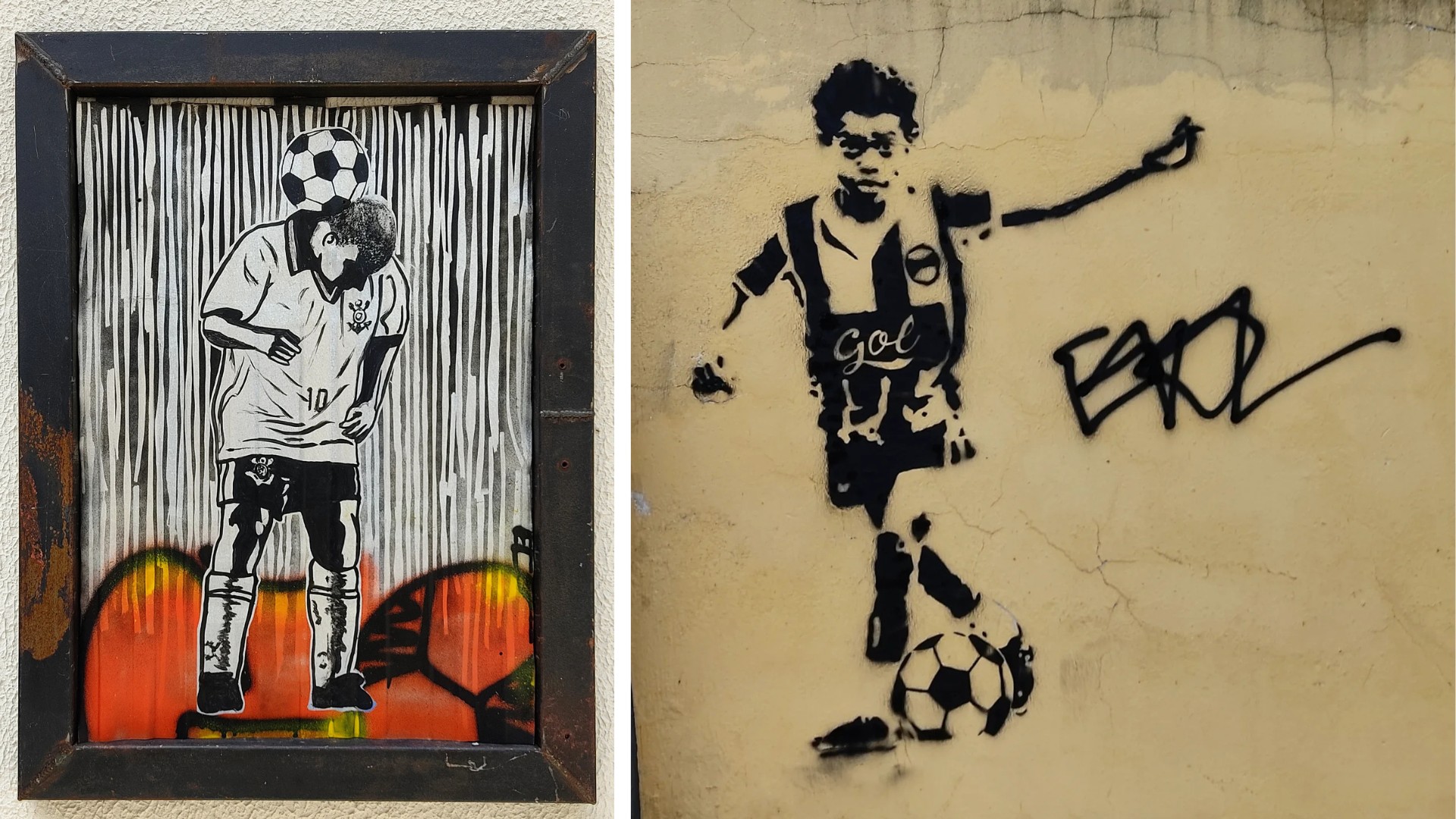 Dribles em chapas metálicas e gols em telhas de zinco: artista sorocabano transforma momentos do futebol em grafites — Foto: Reprodução/golgraffiti