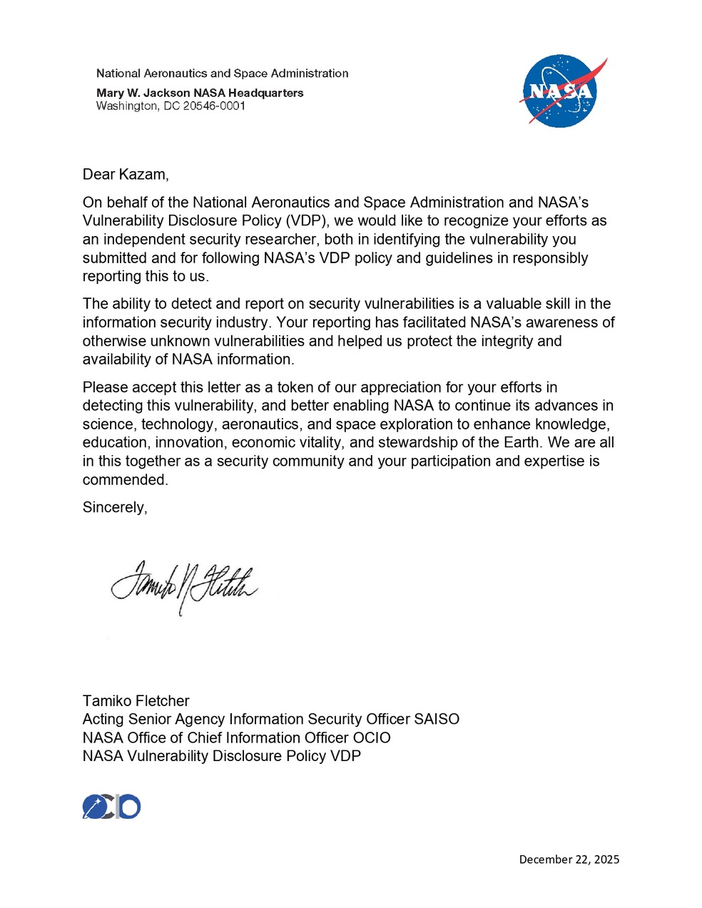 Carta da Nasa enviada ao Brasileiro Eduardo Zambelli Aloi — Foto: Arquivo pessoal/Eduardo Zambelli Aloi