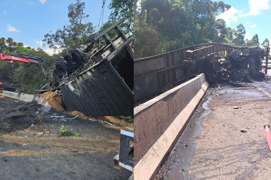 Carreta carregada com 32 toneladas de serragem tomba, pega fogo, e interdita BR-376 no Paraná