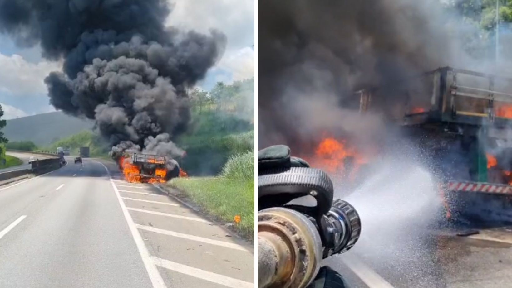 Carreta carregada com bobinas pega fogo e interdita via Dutra, em Cachoeira Paulista; VÍDEO