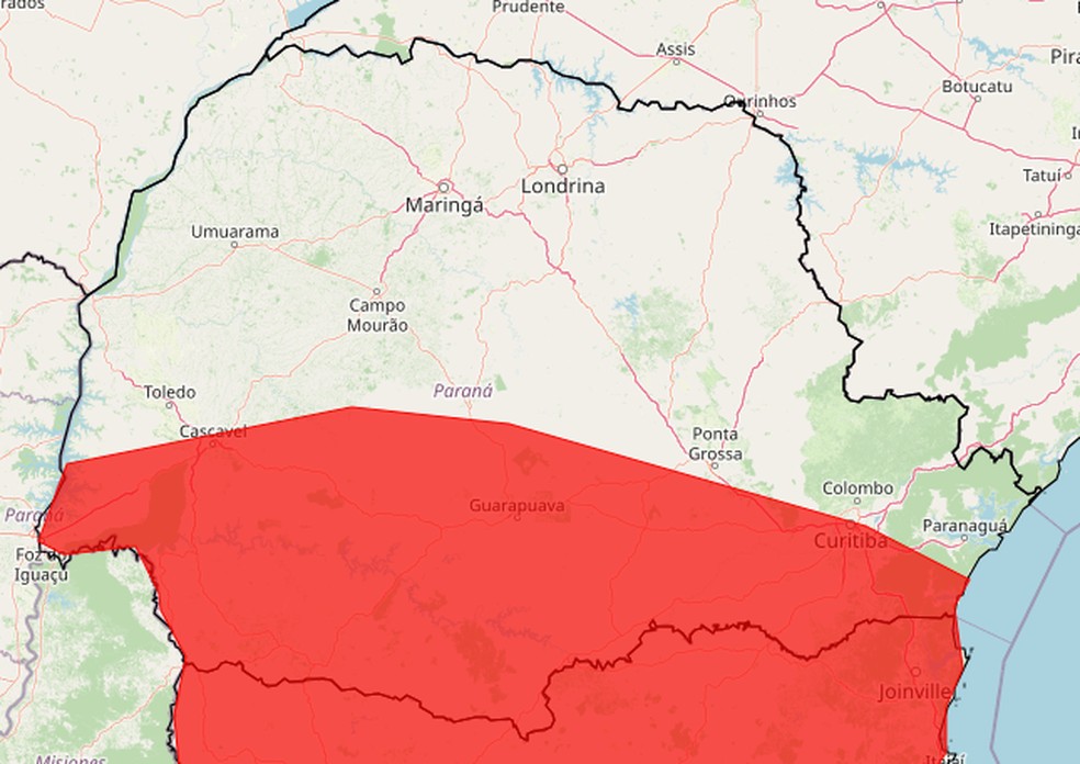 Aviso de grande perigo de temporal para o Paraná — Foto: Inmet