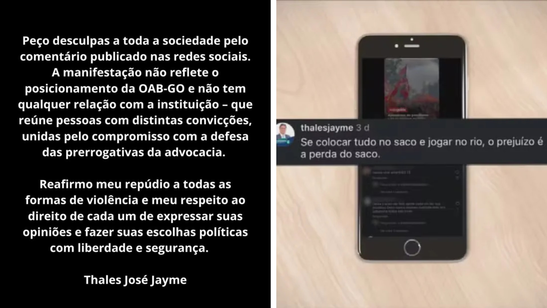 Vice-presidente da OAB-GO pede desculpas após comentário em vídeo de manifestação de petistas: ‘Se colocar tudo no saco e jogar no rio, o prejuízo é a perda do saco’
