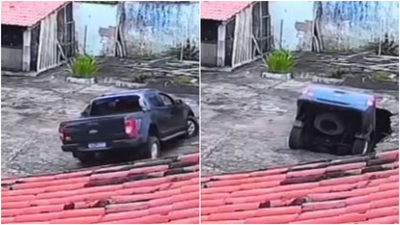 Caminhonete com padre é 'engolida' por buraco após cratera se abrir em terreno de casa paroquial no Ceará; vídeo