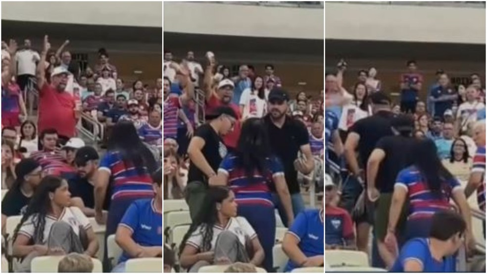 Torcedora do Fortaleza é proibida entrar em estádios por hostilizar torcedores do Flamengo durante partida na Arena Castelão. — Foto: Reprodução