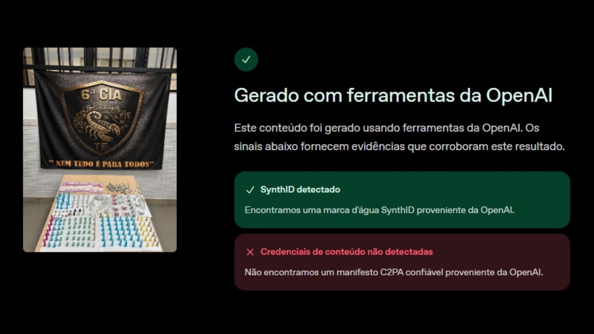 Ferramenta OpenAI Verify, da empresa criadora do ChatGPT, indicou a presença de SynthID em imagens divulgadas pela polícia no Espírito Santo. — Foto: Reprodução/OpenAI Verify