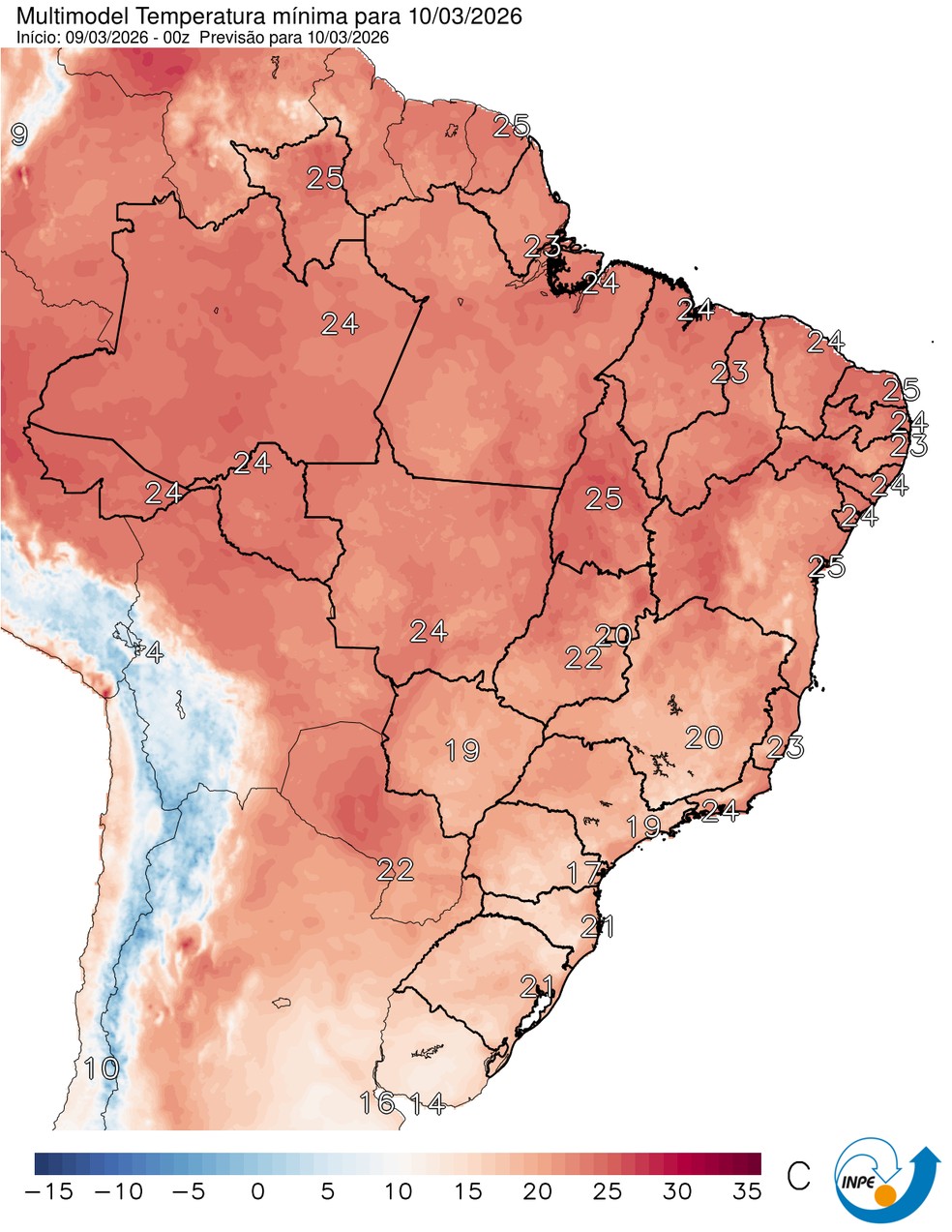 Mapa mostra previsão de temperatura mínima para esta terça (10). — Foto: CPTEC/Inpe