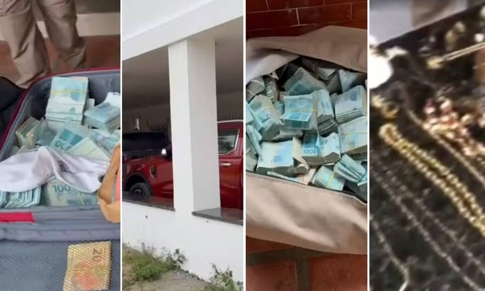 Dinheiro, joias e carros de luxo foram encontradas com os suspeitos — Foto: Reprodução/TV Bahia
