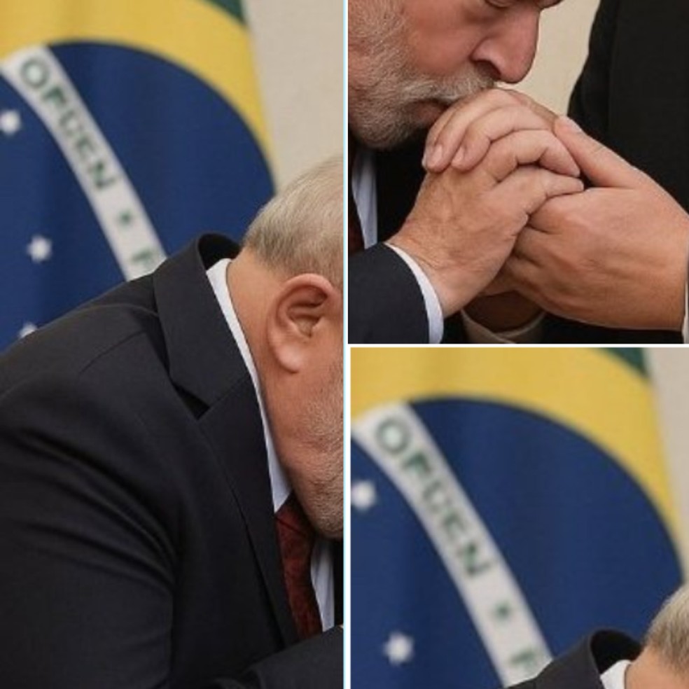 Foto criada com inteligência artificial apresenta distorções nas mãos de Lula e na bandeira do Brasil. — Foto: Reprodução